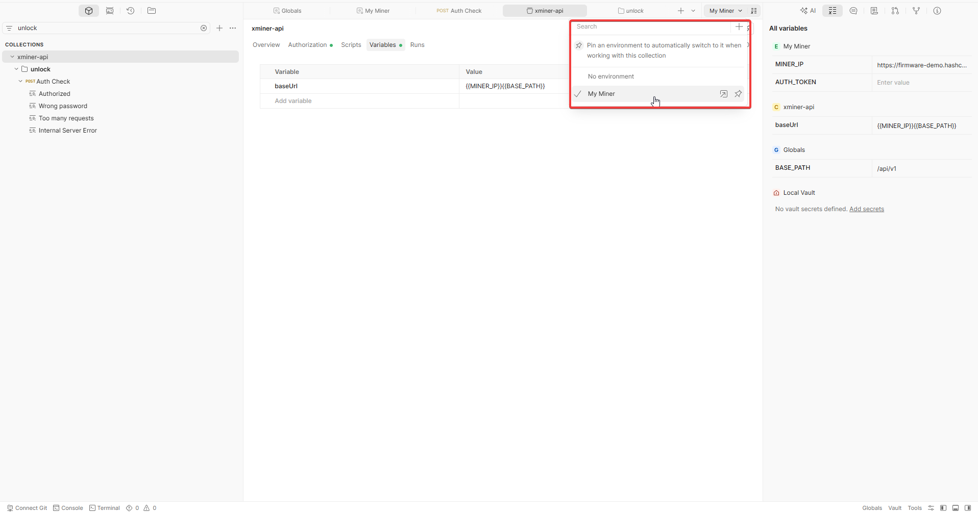 Setting up an environment for a specific miner in Postman