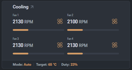 Air cooling widget showing fan status, mode, target temperature, and speed.