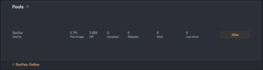 DevFee information popup showing commission size and share statistics.